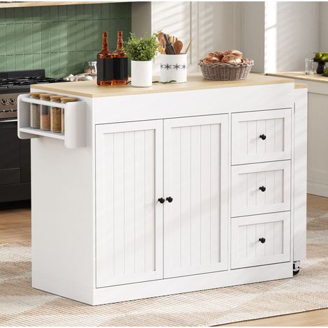 Isola da cucina 112-186.8x45x93 cm bianca in MDF con piano estraibile, 3 cassetti e ripiano portaspezie (1/5)