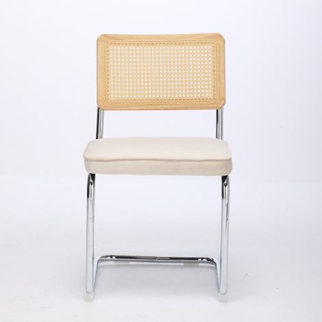 Chaises de salle à manger style Mid-Century Modern (Lot de 2) — Chaises d'appoint en velours avec dossiers en rotin naturel et piètements en acier inoxydable chromé  Chaises de cuisine rembourrées en  (1/4)