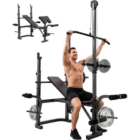 Banc de musculation avec support pour barre réglable, extension des jambes, pupitre à biceps et position papillon pour salle de sport (1/5)