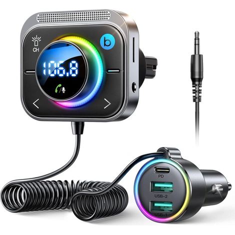 Transmetteur FM Bluetooth Voiture, Basse & HiFi, Adaptateur 5.3, 30W PD & 18W QC, Kit Main Libre, Allume Cigare Support Aux & Carte TF (1/4)