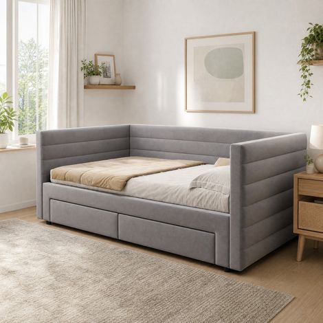 Sofá cama extensible 90x190 cm gris en algodón y lino con 2 cajones (1/5)