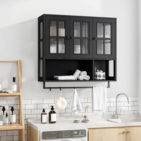 Armoire de salle de bain en bois noir, 3 portes avec rangement ouvert et caché, pharmacie vitrée et porte-serviettes, pour entrée, salon, salle à manger