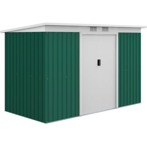 Abri de jardin en acier vert foncé avec porte coulissante, lucarnes de ventilation et toit pentu 280x130x172 cm (1/5)