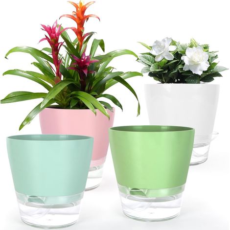 4 Pièces Pots à Arrosage Automatique, 15CM Pot de Fleurs en Plastique avec Trou de Drainage et Grand Réservoir - Pots pour Bonsaï Aloès Herbes Orchidées Succulentes Plantes (4 Couleurs) (1/5)