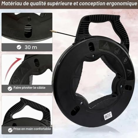 Kit de tirage de câble électrique en fibre de verre de 30 m avec poignée et boîtier, outil d'extraction flexible pour l'installation de câbles électriques dans les murs et les conduits. (1/3)