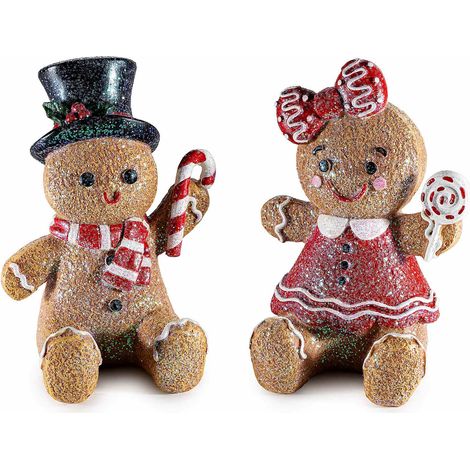Coppia di biscottini pan di zenzero in resina seduti con dettagli glitter effetto neve e decorazioni, set da 2 pezzi, cm 10 x 10 x 13,5 H