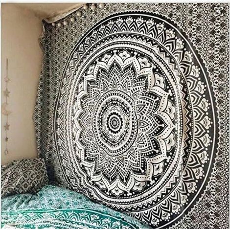 Tapisserie Indienne Multicolore Tenture Murale Tissu Tapisserie Style Boho Tissu Décoratif/Couvre-Lit (Noir, 210 ×150cm) (1/2)