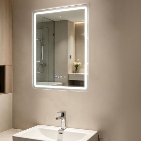Miroir de salle de bains à LED avec éclairage 50x70cm, Anti-buée, Miroir de salle de bains à éclairage réglable en 3 couleurs, Étanche IP54,Horizontal/Vertical (1/5)