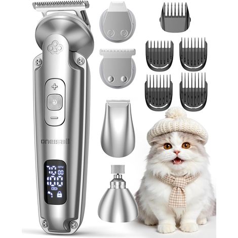 4-en-1 Tondeuse pour Chien Chat Sans Fil pour Animaux, Tondeuse à Poil Long Epais avec Affichage, Toilettage Rechargeable 2000mAh, Rasoir pour Chien et Pattes (Argenté) (1/5)