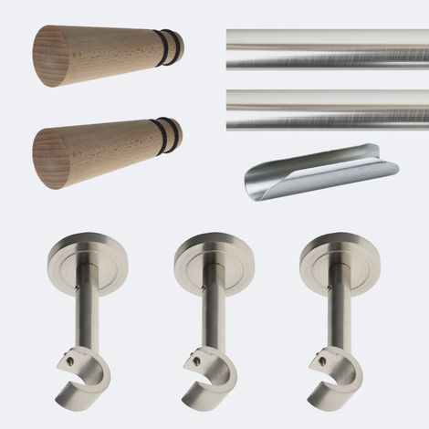 Kit de tringle à rideaux Nickel Mat 300cm Diam.20mm Embout Cône Bois - Fixation Mur - Boulet (1/3)