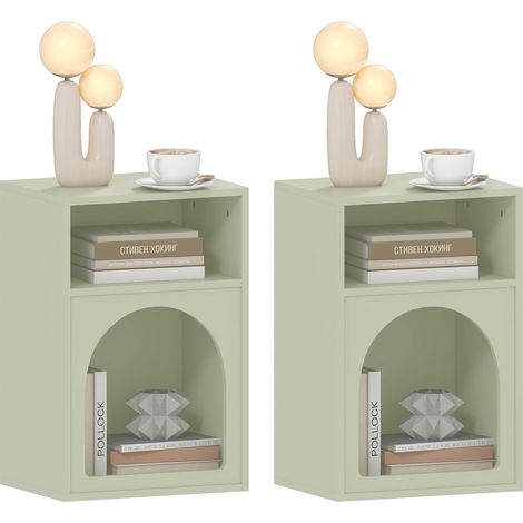 Lot de 2 tables de chevet, table de nuit avec compartiments ouverts, design arqué, 40 x 30 x 60 cm, vert clair