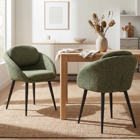 Wahson 2Pcs Dining Chairs Chenille, Modern Round Kitchen Chairs with Metal Legs, Upholstered Vanity Chairs for Dining Room Bedroom, Mustard Green