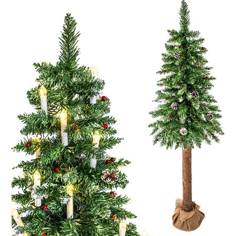 Künstlicher Weihnachtsbaum mit Holzstamm – 220 cm + Schnee & Dekoration