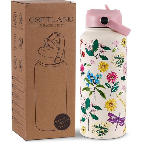 Fleur Gourde Inox 1l Isotherme Bouteille D'eau avec Paille et Ouverture pour Boire Adulte Femme Sport Personnalisable Étanche Sans BPA Reutilisable Petit Rose (1/5)