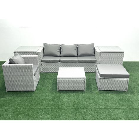Fimous Salon de Jardin Exterieur en Résine 5 places avec Canapé Grand tabouret Fauteuil 2 Tables d'appoint Gris clair mixte (1/4)