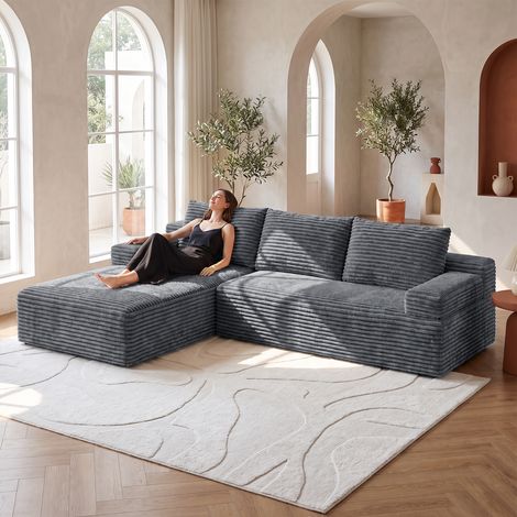Canapé d'angle convertible réversible Gris 263x171x 59cm, Canapé compressé combinaison libre, Canapé 4 places avec méridienne en Velours cotelé(2coussins non inclus)