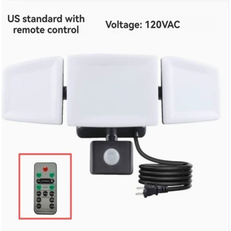 35-W-Außenstrahler mit Stecker, Fernbedienung, Bewegungsmelder, LED-Sicherheitsleuchte, dreiflammig, IP65 wasserdicht, weiß, geeignet für Veranda, Garage, Hof