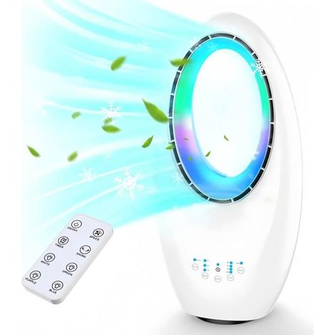 Ventilateur Sans Pales Silencieux 60W, 3 Vitesses, Oscillation 60°, Timer 7,5h, Télécommande + Tactile, Lumière LED, Blanc (1/4)