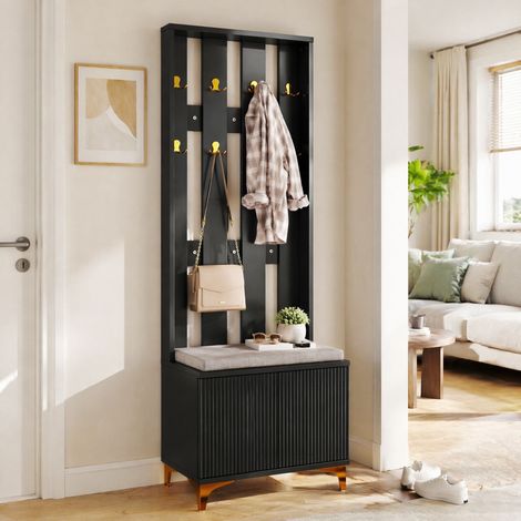 Meuble de rangement d'entrée avec banc à chaussures, patères, coussin gris, noir et doré DESVIAE (1/5)