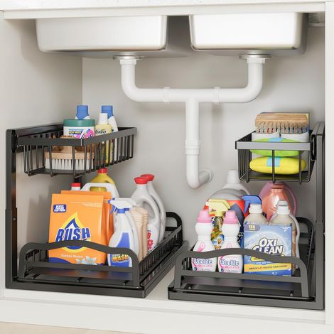 2 Rangement Sous Évier, 2 niveaux métal organisateurs sous évier, organisateur de cuisine coulissant, étagère de rangement sous meuble, panier coulissant tiroir, hauteur réglable, noir (1/5)