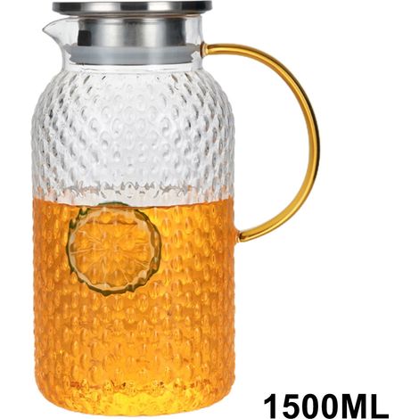 Carafe En Verre Borosilicate - 1500 Ml - Motif Grains De Riz - Pour Eau Froide Thé Glacé Sirop Vin Fruité - Avec Couvercle En Acier Inoxydable 304 (1/5)