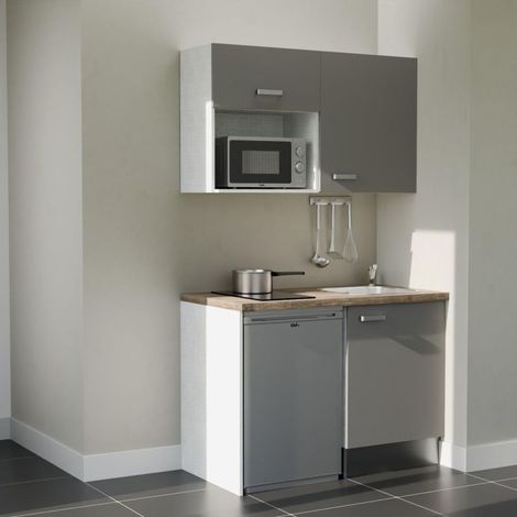 Kitchenette K07L-PT - 120 cm - plan stratifié, évier inox, - Façade Gris - Plan Bois - Evier Inox - Crédences Non + Electroménager inclus coloris Inox (1/5)
