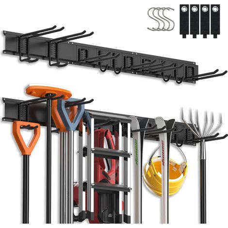 3-H Porte-Outils de Jardin Mural, Support Garage en Aluminium, 3 Rails 10 Crochets avec 4 Crochets en S et 4 Sangles de Rangement pour Maison (1/5)