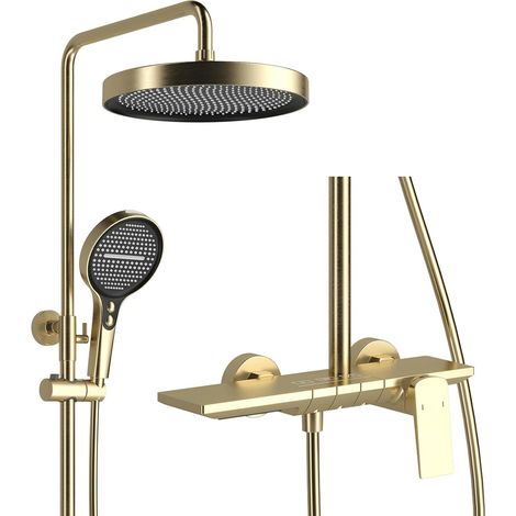 Or Brossé Colonne de Douche avec Mitigeur Monocommande, Hauteur Réglable Ensemble de Douche avec 4 Jets Douchette Système de Douche 32.5cm Pommeau de Douche, Bec Cascade (1/5)