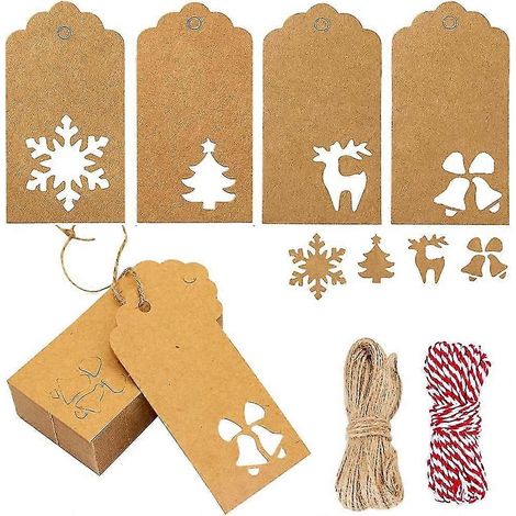 100 étiquettes cadeaux de Noël en papier kraft brun, motif flocons de neige et rennes, à suspendre.