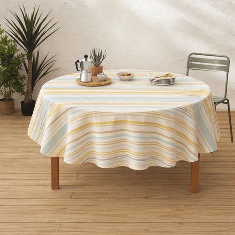 Nappe ronde coton enduit rayures basque Bleu 170x170 cm