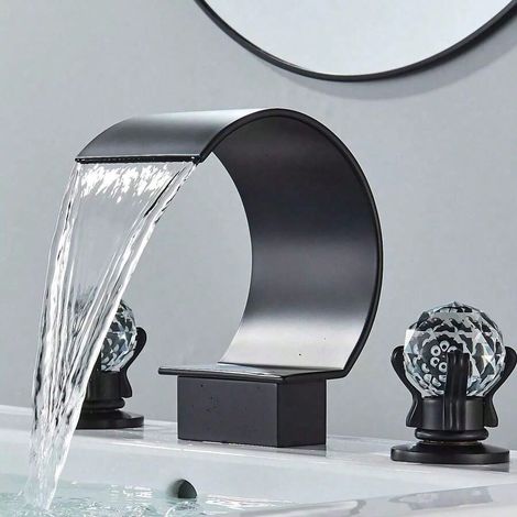 Lavabo, robinet de baignoire, lavabo cascade, plan de travail en laiton, double poignée en cristal, robinet mélangeur chaud et froid (noir) (1/5)