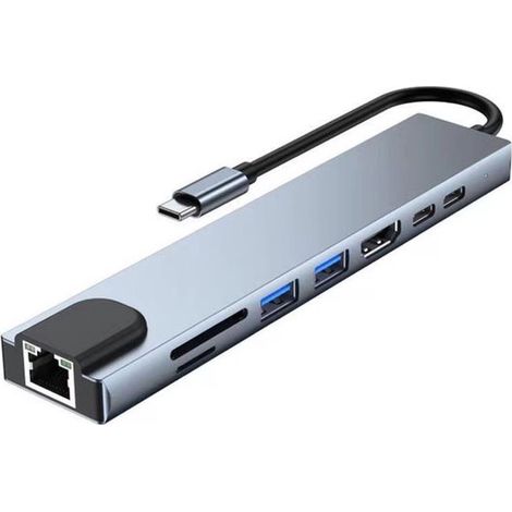 Hub USB-C 8 in 1 - Ethernet - HDMI 4K - PD 100W - Grigio (1/5)