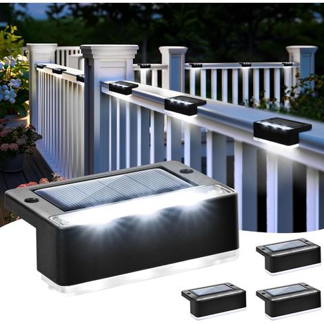 Lot de 4 lampes solaires d'extérieur pour escalier, lampes solaires étanches, éclairage LED pour escaliers extérieurs, marches, clôture, terrasse, décoration (noir,blanc froid) (1/5)