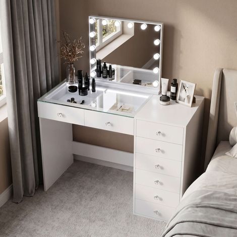 FENCHILIN Coiffeuse avec Miroir LED 8 Tiroirs Blanc 120 x 55 x 127 cm
