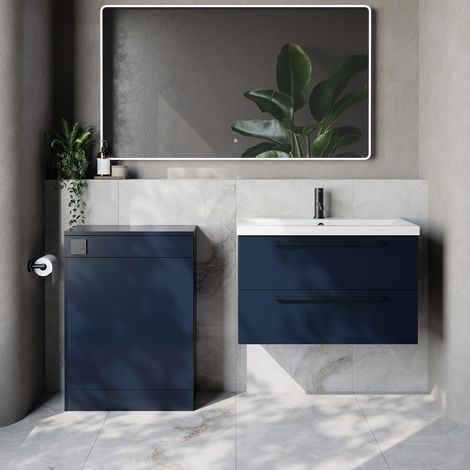 Napoli 390 Cento Deep Blue 1400mm Wall Mounted 2 Drawer Vanity Unit and Toilet Suite with Glide Basin - 1400mm - Matt Black 480mm HandleWithout Kingston Toilet Pan