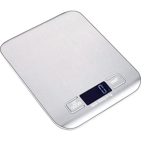 Balance de cuisine numérique multifonctionnelle de précision 5 kg/0,1 g en acier inoxydable, idéale pour la cuisine, la pâtisserie et le barbecue, avec fonction tare et piles incluses.