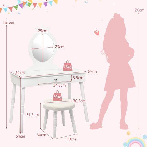 GOPLUS 2 in 1 Toeletta Trucco Bambini, con Specchiera Rimovibile, Tavolo + Sgabello, Cassetto Portaoggetti, in Legn, 70x34x100 cm, Rosa/Bianco