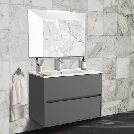Mobile bagno sospeso 80x45 cm grigio opaco con 2 cassetti e lavabo incluso – Soria (1/5)