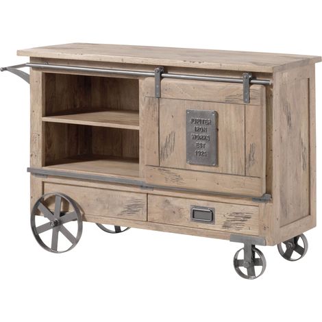 Chariot de service en bois de manguier 120x45x85, vernis beige, RAILWAY 397