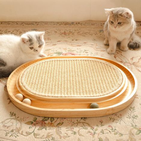 Rascador de sisal 2 en 1 - Juguete para gatos - Madera maciza de pino con cojín de sisal natural y bolas de hierba - 43 x 33 x 3 cm - Alfombrilla rascadora para todos los gatos (1/5)