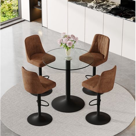 Ensemble bar verre transparent et métal noir avec 4 tabourets marron pivotants, 4 places, réglables (1/5)