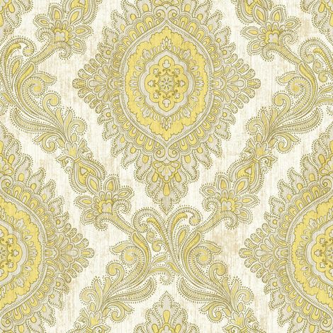 Wallquest Villa Rosa Damask Yellow Wallpaper Floral Classic Acrylic Coated (1/4)