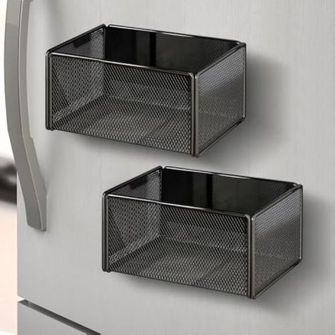 Etagere Magnetique, pour Réfrigérateur Lot de 2 Noir Étagère Frigo sans Percage Support Épices Cuisine Rangement Frigo Métal Aimanté pour Bocaux Condiments et Accessoires de Cuisine Organisation (1/5)