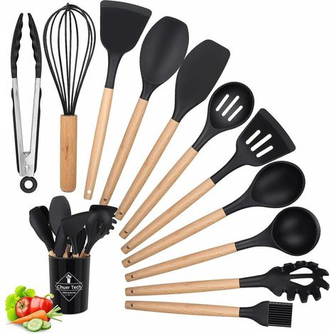 Ustensiles de cuisine en silicone imitation bois, ensemble de 12 pièces, sans BPA, résistants aux rayures et à la chaleur, antiadhésifs (cuillère, spatule, cuillère à spaghetti, noir). (1/5)
