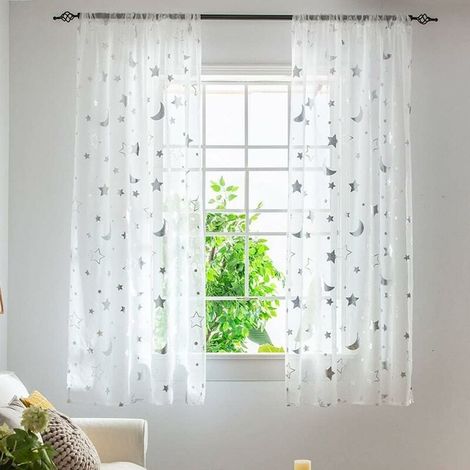 Ersandy – Rideaux enfants semi-transparents 1 m – 2 panneaux 1,3 m de large – Motif lune et étoiles – Tissu infroissable et léger (1/2)