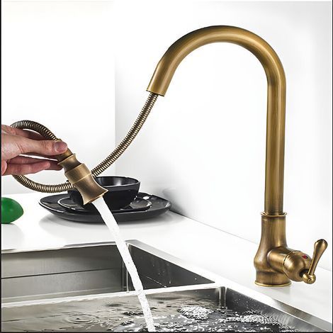 Robinet de cuisine rétro en cuivre de luxe - Style antique - Pivotant à 360° - Surface brossée - Design élégant et durable (1/4)