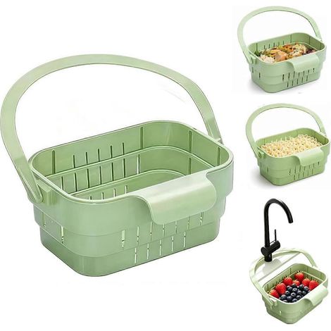 Passoire d'évier suspendue extensible pliable avec couvercle rabattable, passoire de cuisine gain de place multifonctionnel pour robinet Green1 (1/5)