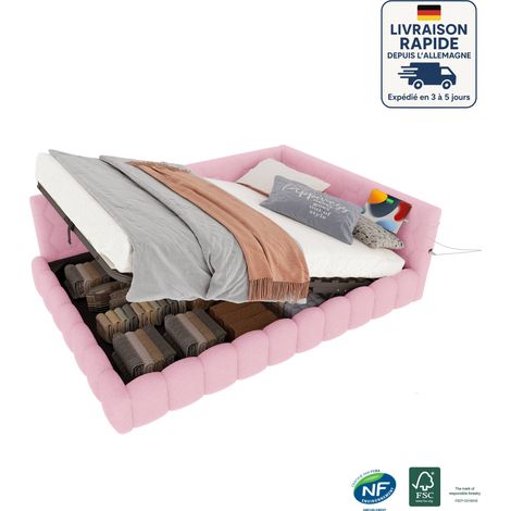 Lits coffre 140x200 cm, LED, USB, Type-C, Hydraulique, Canapé-lit simple pour enfant, sans matelas, imitation velours de laine, rose (1/5)