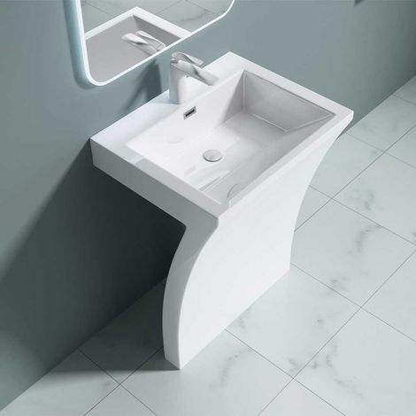 Bathroom Cloakroom 600 x 480mm (WxD) Cast Stone Pedestal Basin - 7 Shaped Freestanding Sink With Overflow Slot & Single Tap Hole - Basin Only - Durovin Bathrooms (1/5)