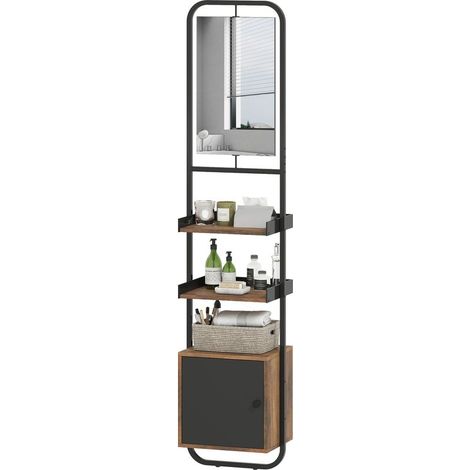 Étagère salle de bain rangement avec miroir, étagère de rangements avec étagères réglables et placard, 40x30x179cm, noir (1/5)